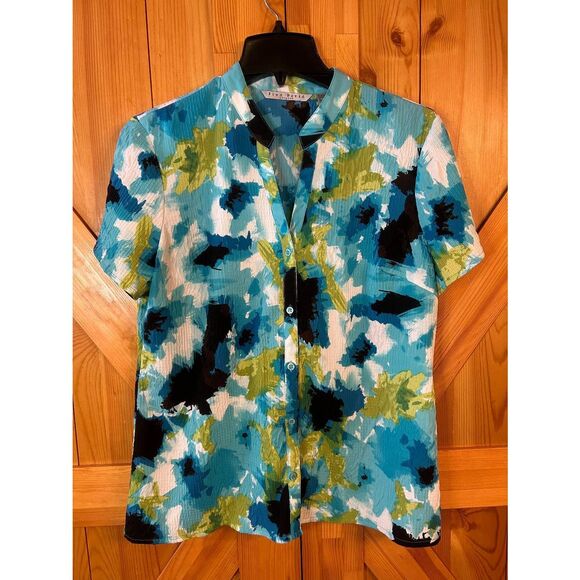 Fred David Womens Short Sleeve V-Neck Button Up Shirt Blue Green Size XL (5334) - Picture 1 of 5